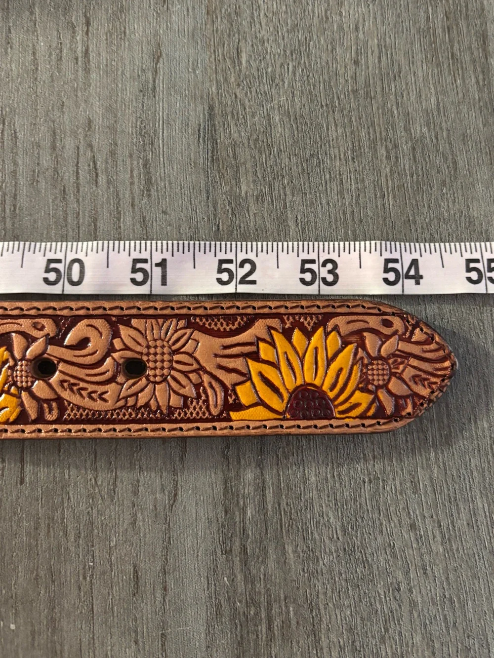 Handmade Mexican Leather Sunflower Embossed Tan Western Belt Silver Tone Buckle